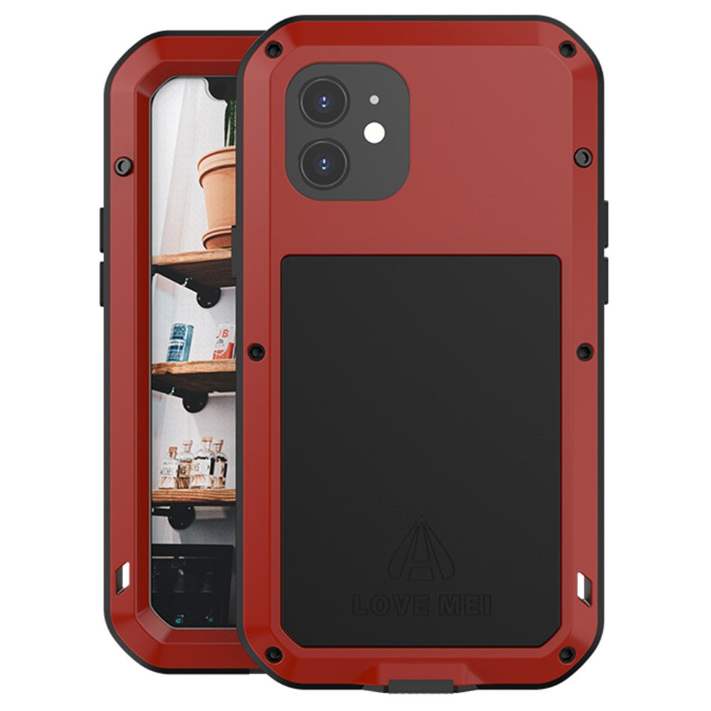 LOVE MEI för iPhone 12 helkroppsskyddande skal stötsäkert metall + silikonmobilskal med härdat glasfilm