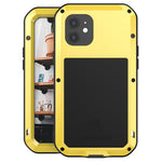 LOVE MEI för iPhone 12 helkroppsskyddande skal stötsäkert metall + silikonmobilskal med härdat glasfilm
