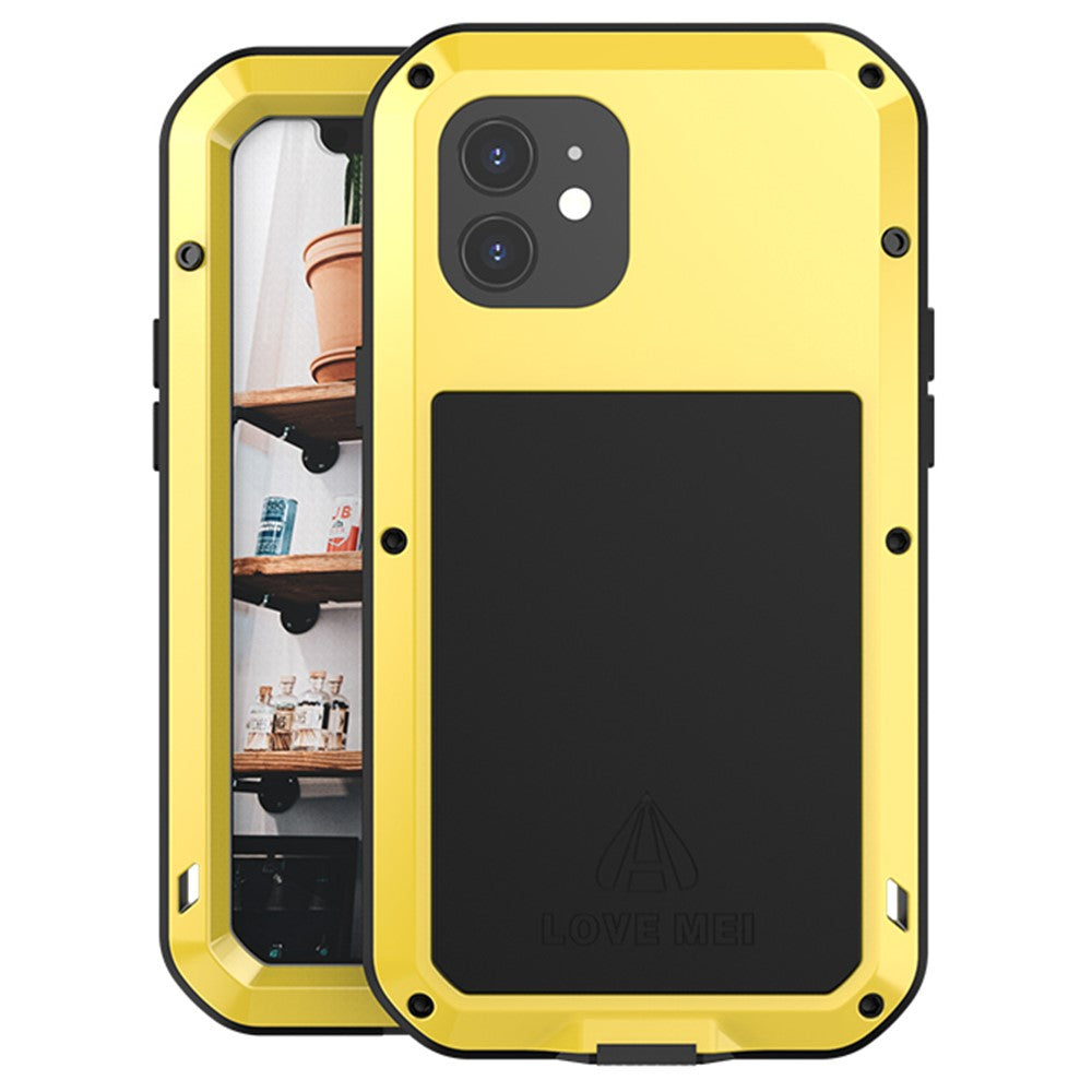 LOVE MEI för iPhone 12 helkroppsskyddande skal stötsäkert metall + silikonmobilskal med härdat glasfilm