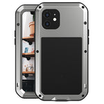 LOVE MEI för iPhone 12 helkroppsskyddande skal stötsäkert metall + silikonmobilskal med härdat glasfilm