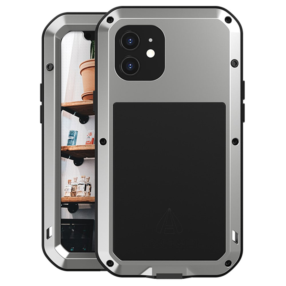 LOVE MEI för iPhone 12 helkroppsskyddande skal stötsäkert metall + silikonmobilskal med härdat glasfilm