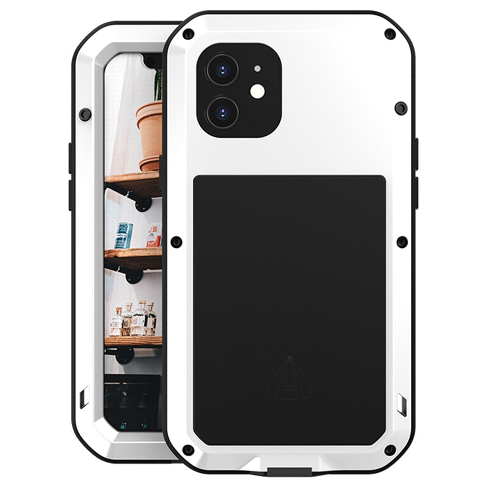 LOVE MEI för iPhone 12 helkroppsskyddande skal stötsäkert metall + silikonmobilskal med härdat glasfilm