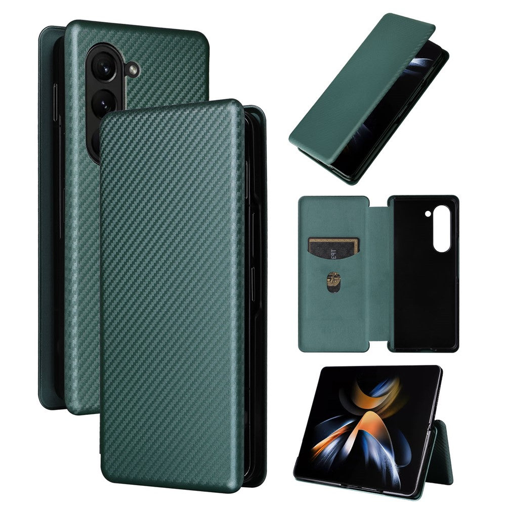 For Samsung Galaxy Z Fold5 5G Carbon Fiber Texture Card Holder Case Leather Stand Anti-drop Phone Cover