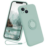 For iPhone 15 Plus Liquid Silicone Back Cover Ring Kickstand Phone Case with Wrist Rope