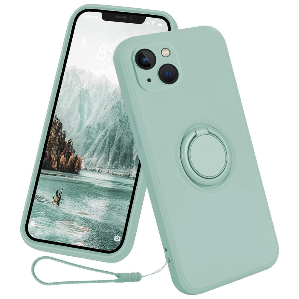 For iPhone 15 Plus Liquid Silicone Back Cover Ring Kickstand Phone Case with Wrist Rope