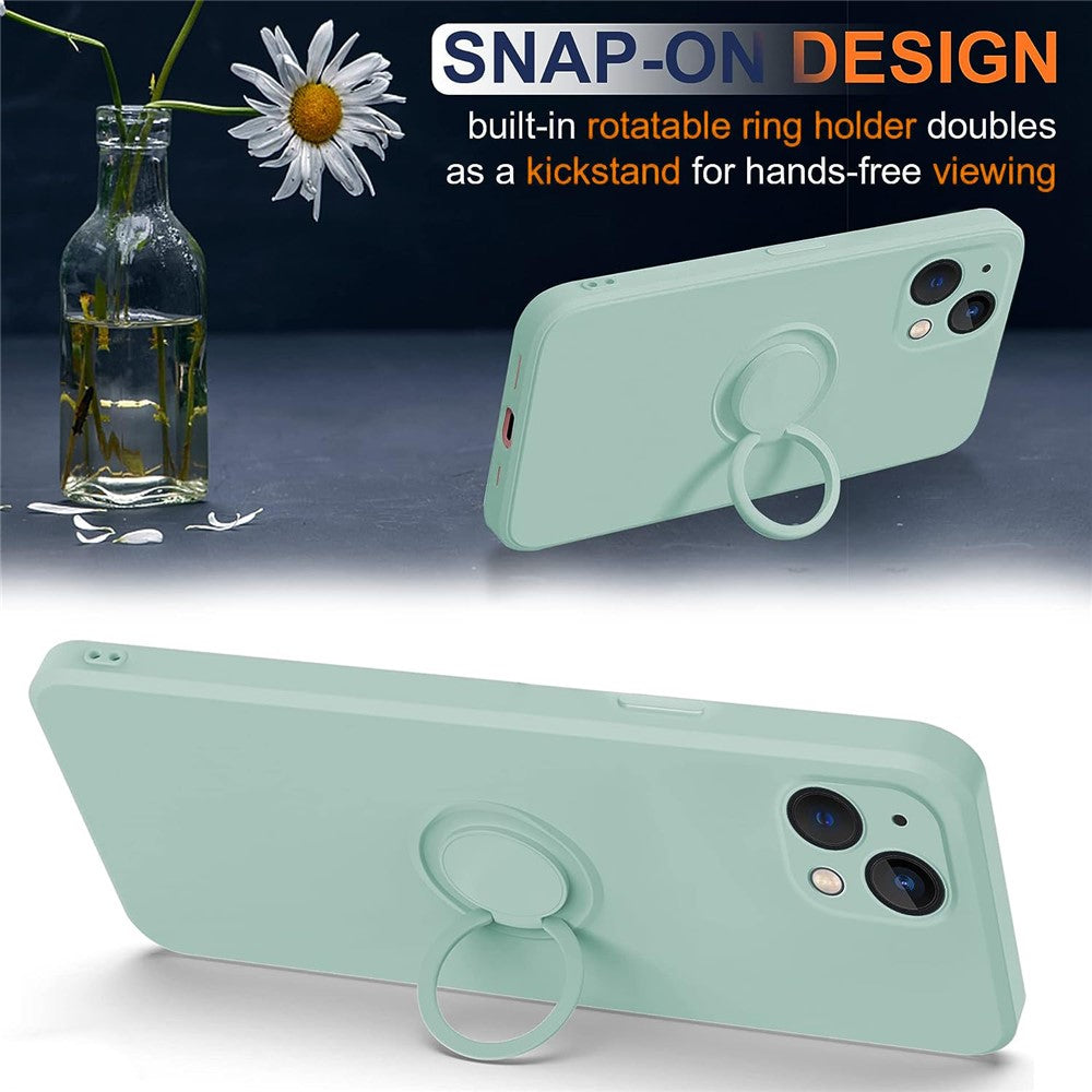 For iPhone 15 Plus Liquid Silicone Back Cover Ring Kickstand Phone Case with Wrist Rope