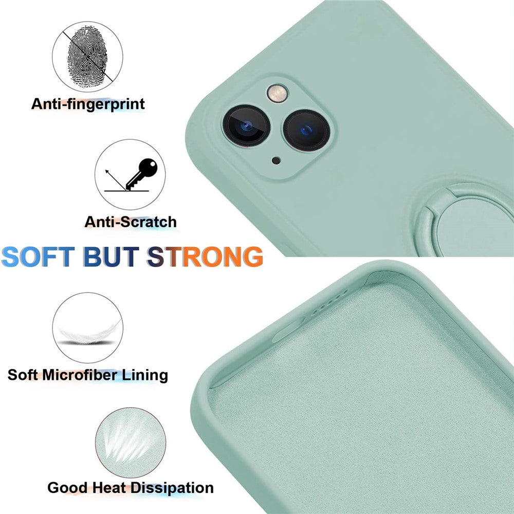 For iPhone 15 Plus Liquid Silicone Back Cover Ring Kickstand Phone Case with Wrist Rope