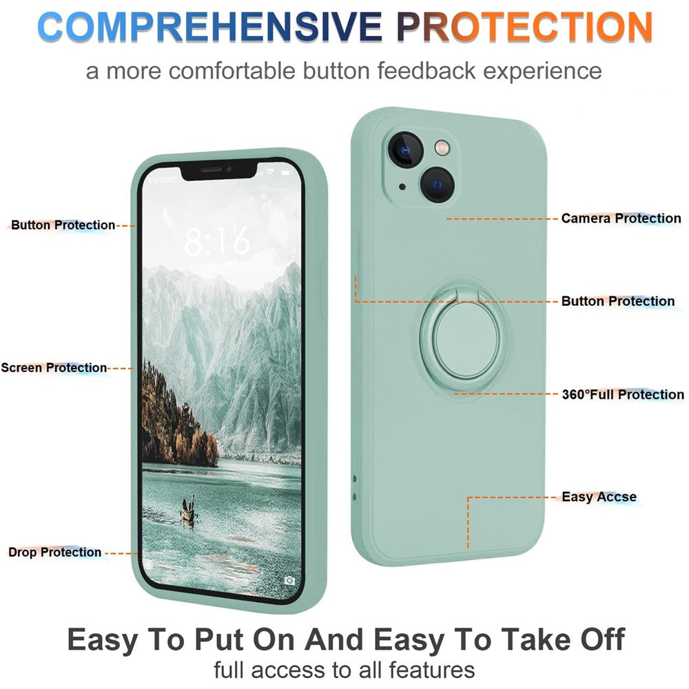 For iPhone 15 Plus Liquid Silicone Back Cover Ring Kickstand Phone Case with Wrist Rope