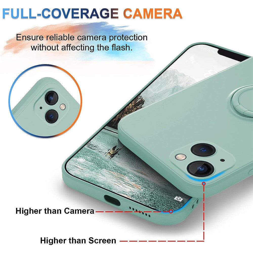 For iPhone 15 Plus Liquid Silicone Back Cover Ring Kickstand Phone Case with Wrist Rope