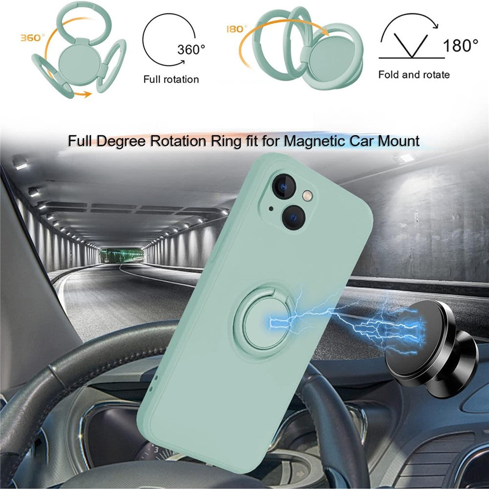 For iPhone 15 Plus Liquid Silicone Back Cover Ring Kickstand Phone Case with Wrist Rope