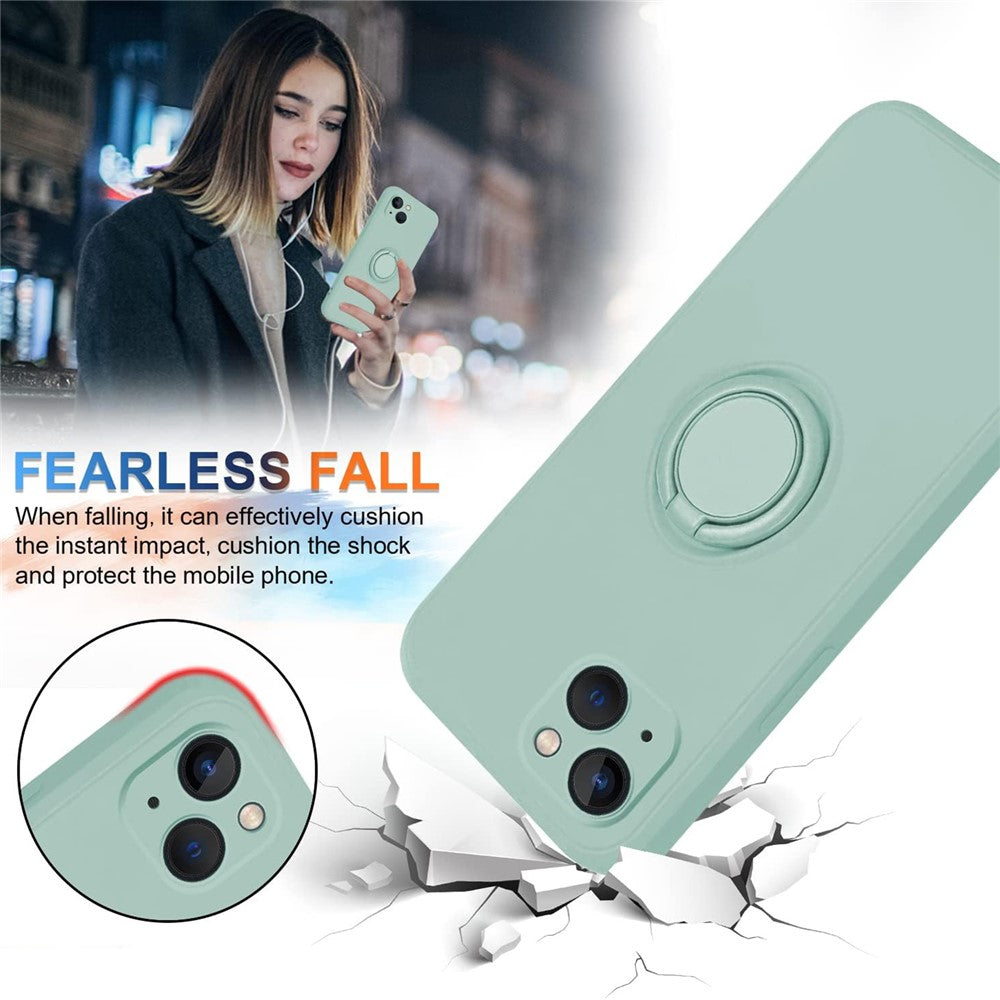 For iPhone 15 Plus Liquid Silicone Back Cover Ring Kickstand Phone Case with Wrist Rope