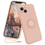 For iPhone 15 Plus Liquid Silicone Back Cover Ring Kickstand Phone Case with Wrist Rope