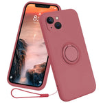 For iPhone 15 Plus Liquid Silicone Back Cover Ring Kickstand Phone Case with Wrist Rope