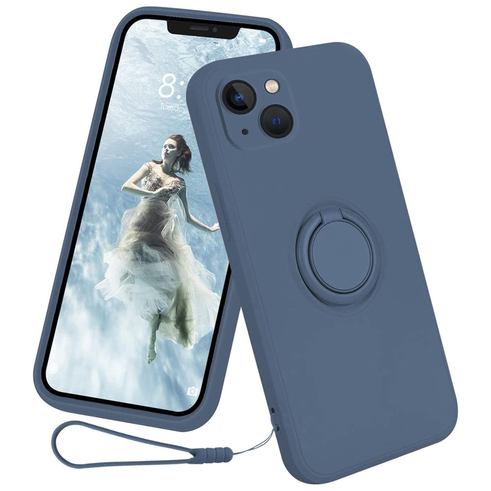 For iPhone 15 Plus Liquid Silicone Back Cover Ring Kickstand Phone Case with Wrist Rope