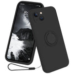 For iPhone 15 Plus Liquid Silicone Back Cover Ring Kickstand Phone Case with Wrist Rope