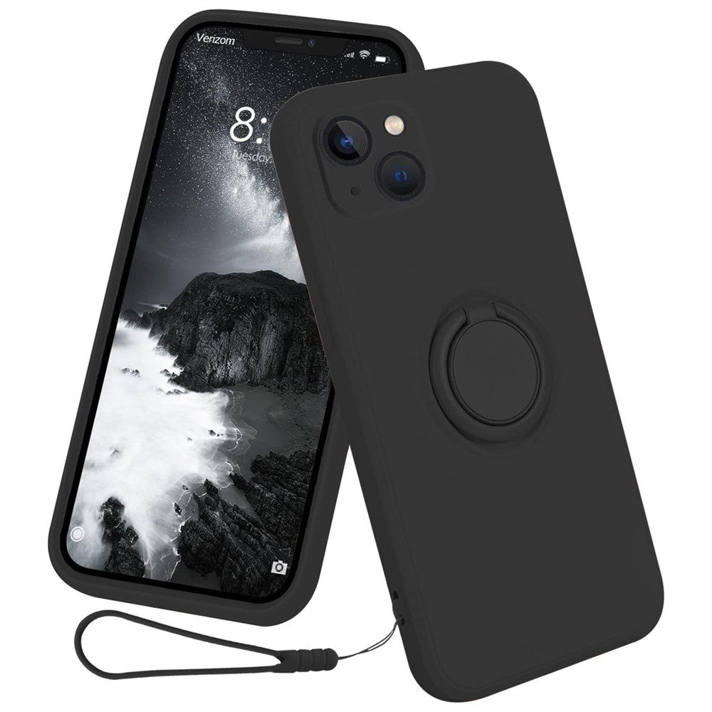 For iPhone 15 Plus Liquid Silicone Back Cover Ring Kickstand Phone Case with Wrist Rope