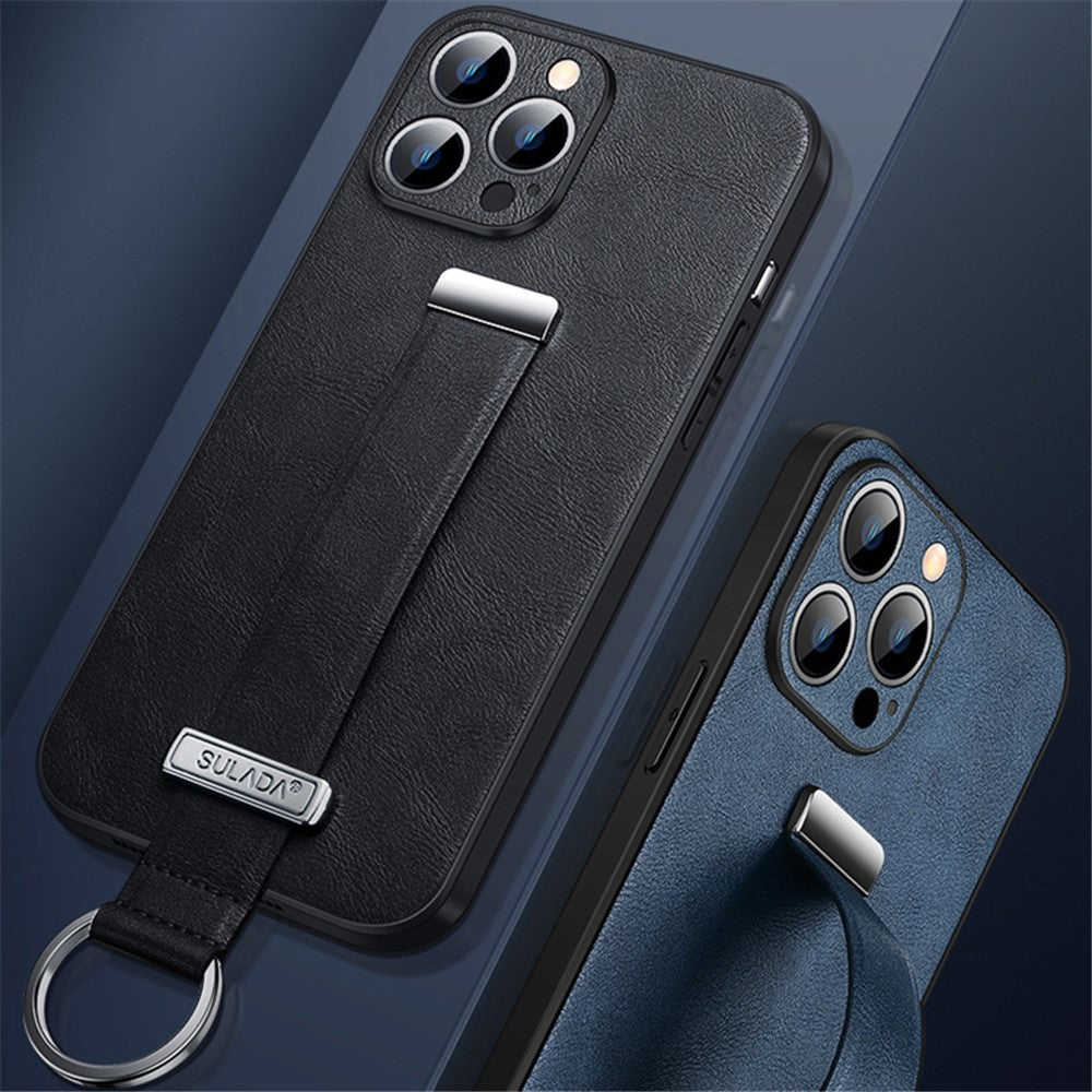 SULADA Fashion Series for iPhone 15 Pro Max Case Crazy Horse Texture PU+PC+TPU Phone Shell with Strap Kickstand
