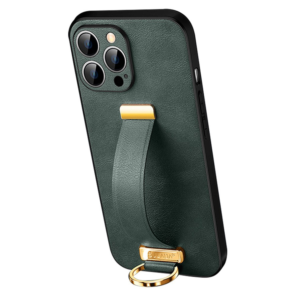 SULADA Fashion Series Crazy Horse Texture PU+PC+TPU Cover til iPhone 15 Pro Stødabsorberende Etui med Rem og Støttefod