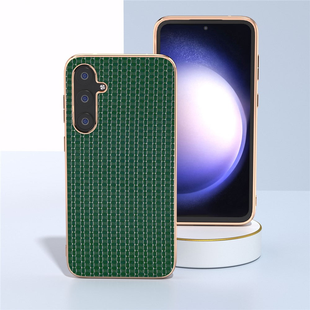 For Samsung Galaxy S23 FE Nano Electroplating Phone Case Textured Cowhide Leather Coated TPU+PC Cover