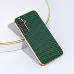 For Samsung Galaxy S23 FE Nano Electroplating Phone Case Textured Cowhide Leather Coated TPU+PC Cover