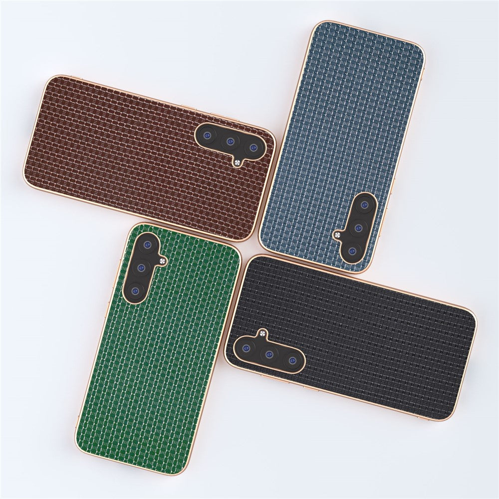 For Samsung Galaxy S23 FE Nano Electroplating Phone Case Textured Cowhide Leather Coated TPU+PC Cover