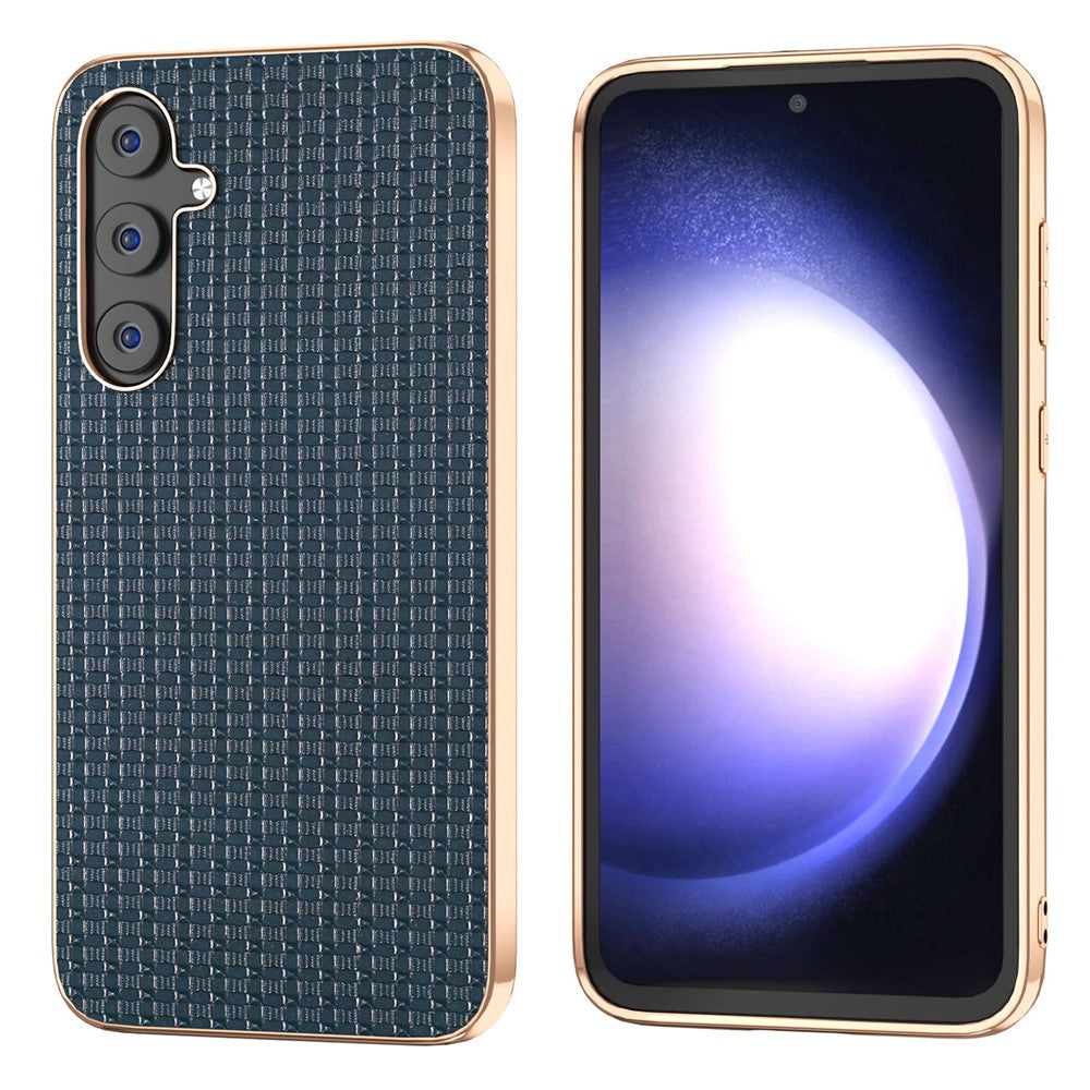 For Samsung Galaxy S23 FE Nano Electroplating Phone Case Textured Cowhide Leather Coated TPU+PC Cover