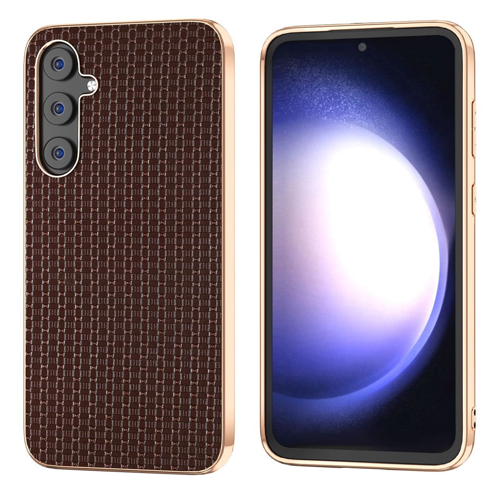 For Samsung Galaxy S23 FE Nano Electroplating Phone Case Textured Cowhide Leather Coated TPU+PC Cover