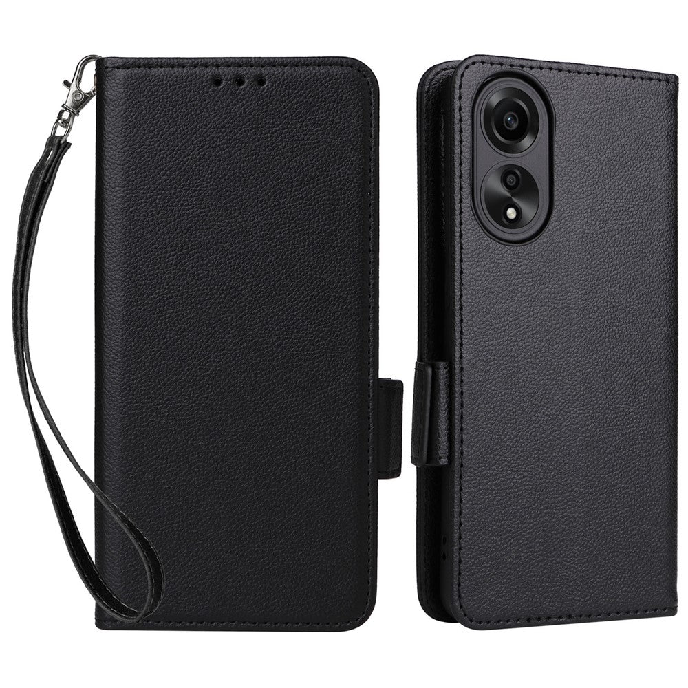 For Oppo A58 4G Litchi Texture Phone Case Leather Wallet Stand Cover with Strap