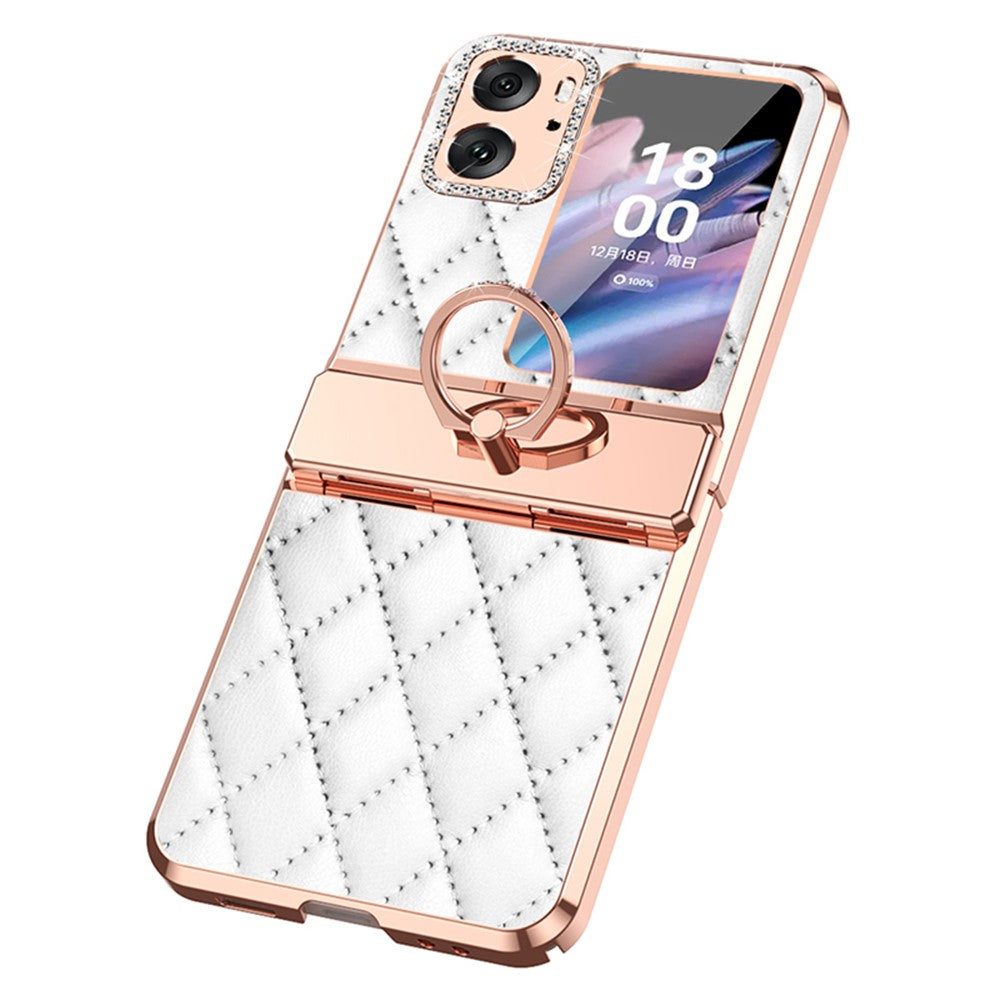 Til Oppo Find N2 Flip 5G Rhinestone Foldbar Telefoncover Ring Kickstand Galvanisering Præget Læderbelagt PC Cover