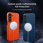 For Samsung Galaxy S21 4G / 5G Magnetic Phone Case Microfiber Lining Genuine Cow Leather Coated PC Shockproof Shell