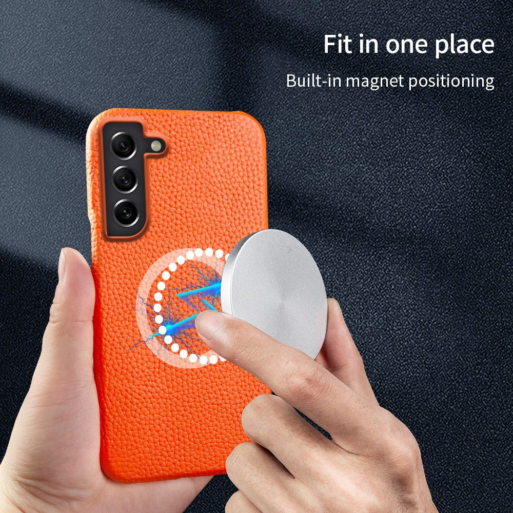 For Samsung Galaxy S21 4G / 5G Magnetic Phone Case Microfiber Lining Genuine Cow Leather Coated PC Shockproof Shell