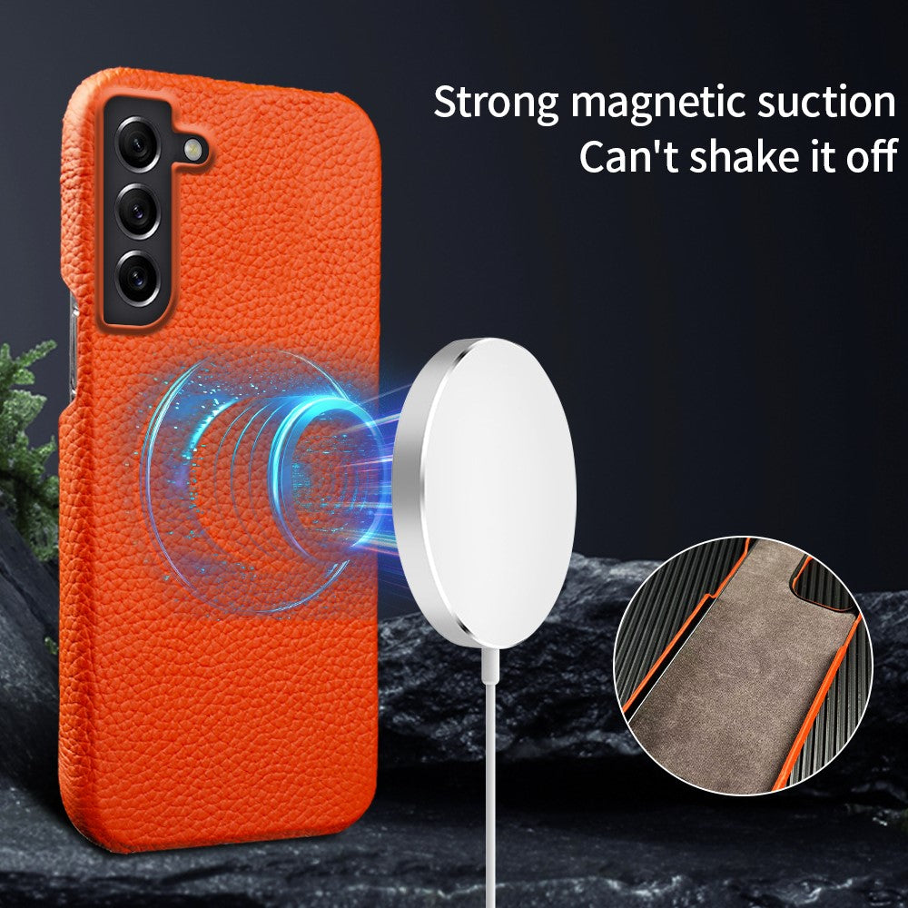 For Samsung Galaxy S21 4G / 5G Magnetic Phone Case Microfiber Lining Genuine Cow Leather Coated PC Shockproof Shell