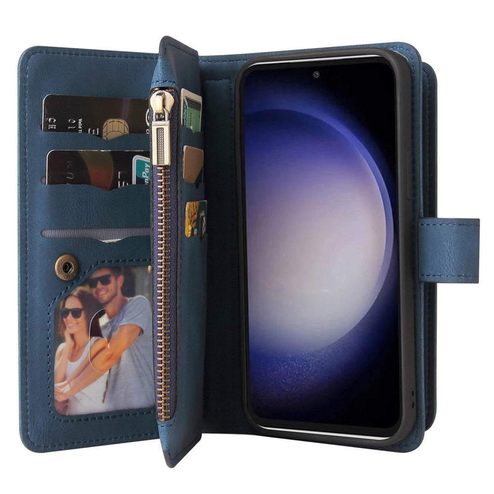 Samsung Galaxy S23 FE Plånboksfodral med dragkedja, 15 kortfack och rem Läderfodral