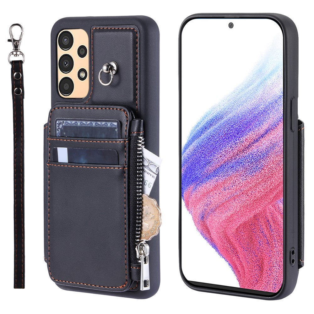 009 Ridsefast telefoncover til Samsung Galaxy A13 4G / 5G, RFID-blokerende PU+TPU-cover med støttefod, lynlåslomme og strop