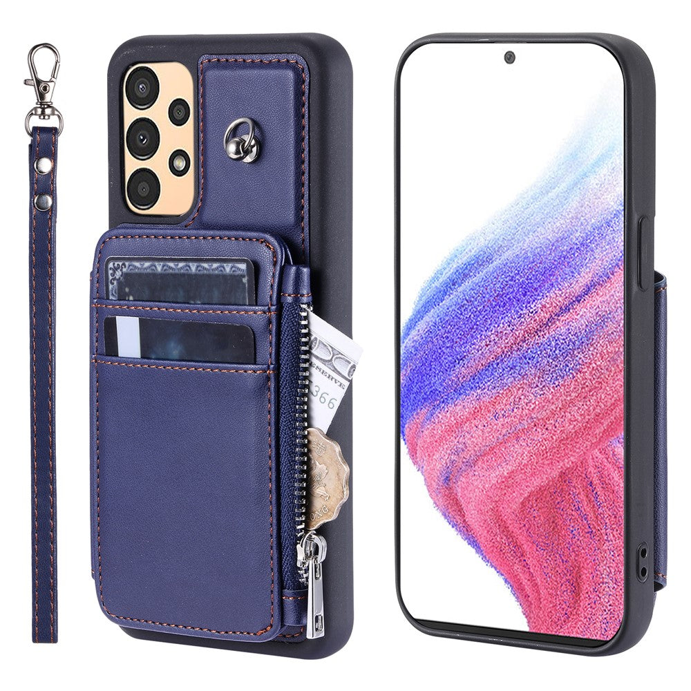 009 Ridsefast telefoncover til Samsung Galaxy A13 4G / 5G, RFID-blokerende PU+TPU-cover med støttefod, lynlåslomme og strop