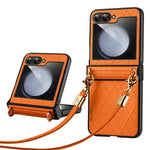 SULADA For Samsung Galaxy Z Flip5 5G PU Leather Coated PC Case Imprinted Phone Cover with Shoulder Strap