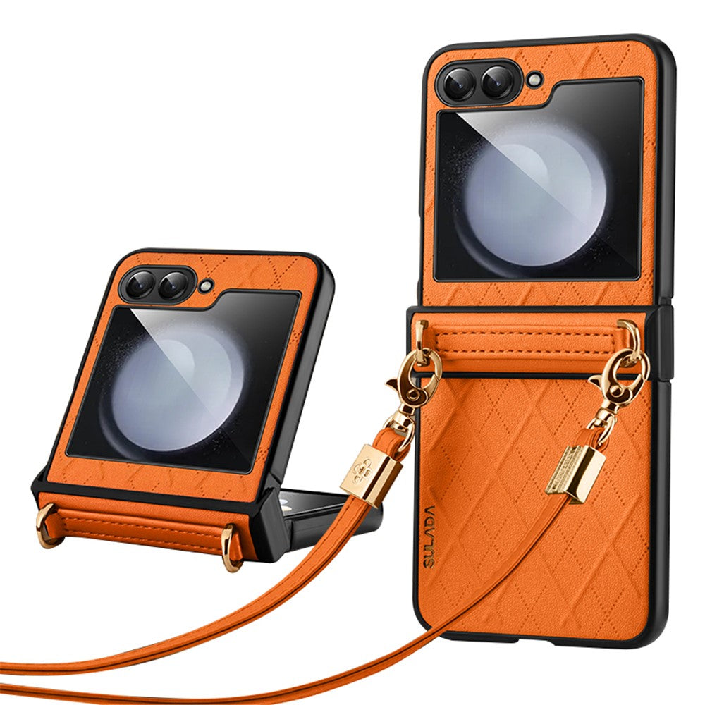 SULADA For Samsung Galaxy Z Flip5 5G PU Leather Coated PC Case Imprinted Phone Cover with Shoulder Strap