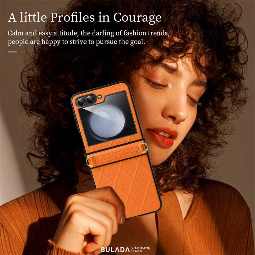 SULADA For Samsung Galaxy Z Flip5 5G PU Leather Coated PC Case Imprinted Phone Cover with Shoulder Strap