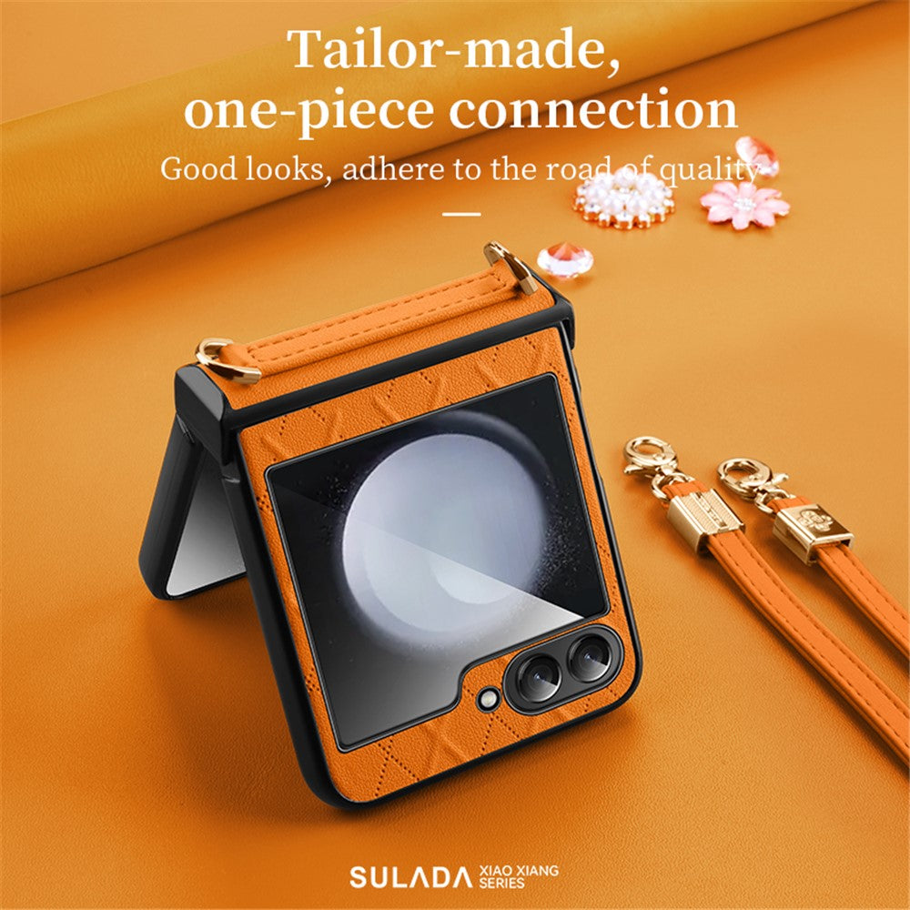 SULADA For Samsung Galaxy Z Flip5 5G PU Leather Coated PC Case Imprinted Phone Cover with Shoulder Strap