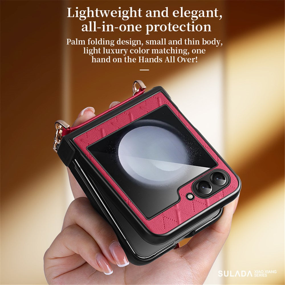 SULADA For Samsung Galaxy Z Flip5 5G PU Leather Coated PC Case Imprinted Phone Cover with Shoulder Strap