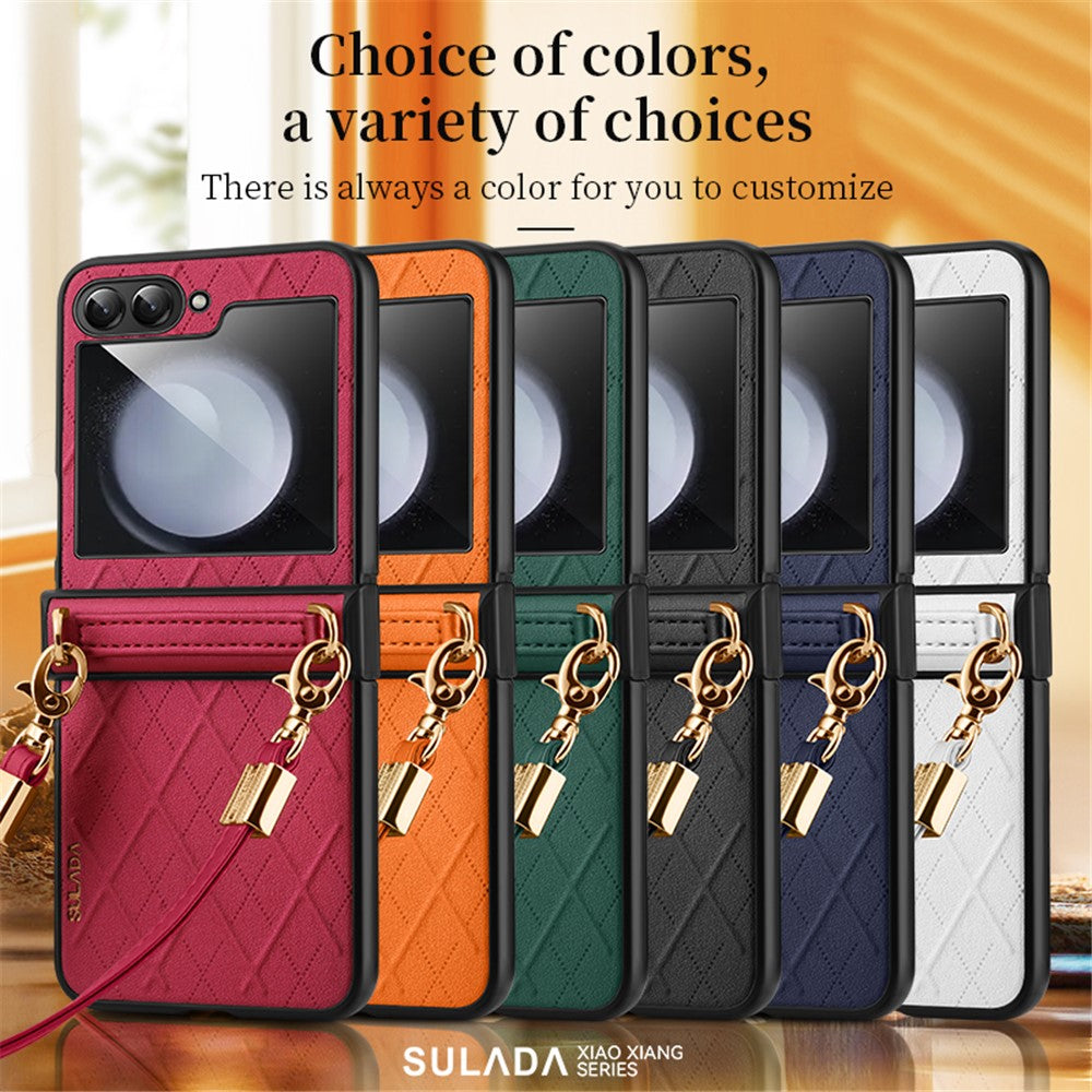 SULADA For Samsung Galaxy Z Flip5 5G PU Leather Coated PC Case Imprinted Phone Cover with Shoulder Strap