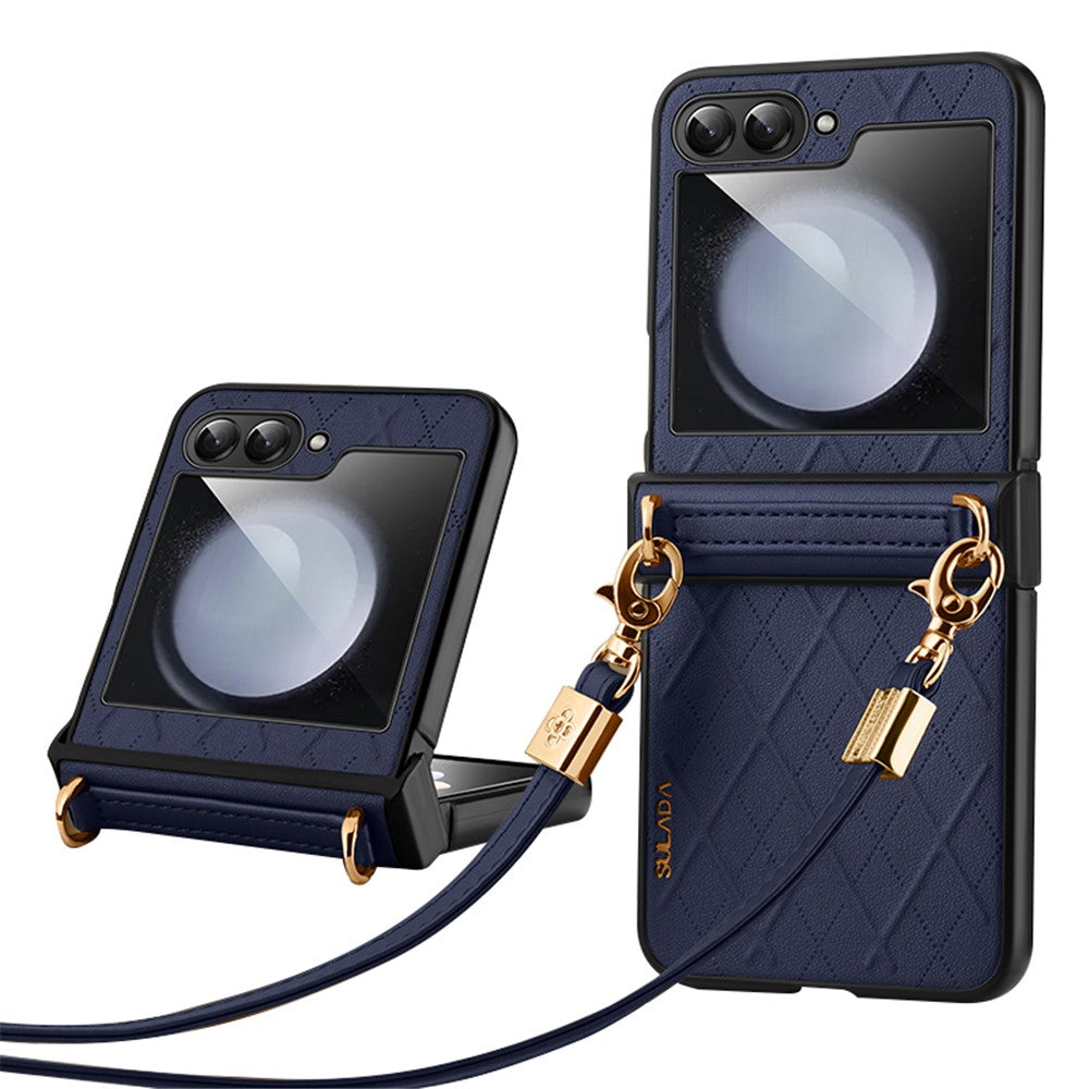 SULADA For Samsung Galaxy Z Flip5 5G PU Leather Coated PC Case Imprinted Phone Cover with Shoulder Strap