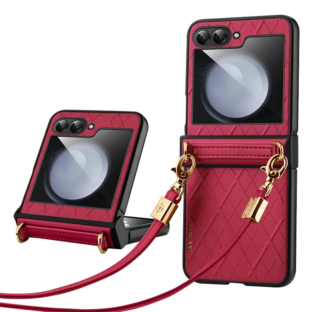 SULADA For Samsung Galaxy Z Flip5 5G PU Leather Coated PC Case Imprinted Phone Cover with Shoulder Strap