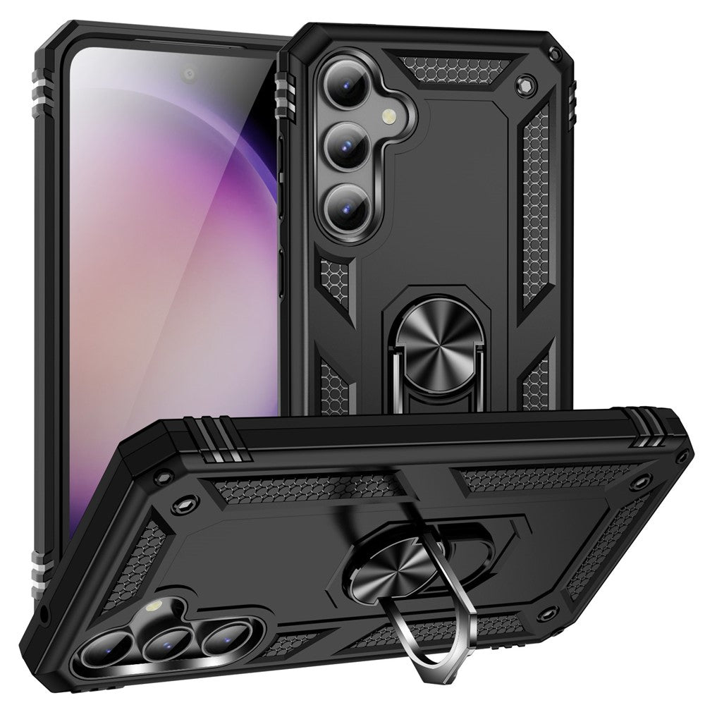 Phone Case for Samsung Galaxy S23 FE Ring Kickstand Anti-fall TPU+PC Cover with Car Mount Metal Sheet