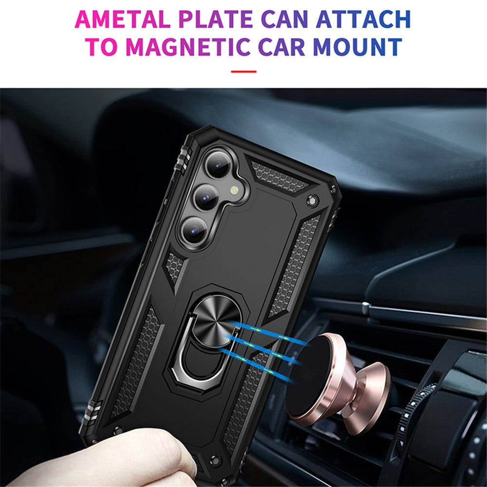 Phone Case for Samsung Galaxy S23 FE Ring Kickstand Anti-fall TPU+PC Cover with Car Mount Metal Sheet