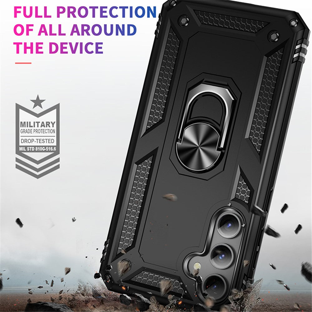 Phone Case for Samsung Galaxy S23 FE Ring Kickstand Anti-fall TPU+PC Cover with Car Mount Metal Sheet