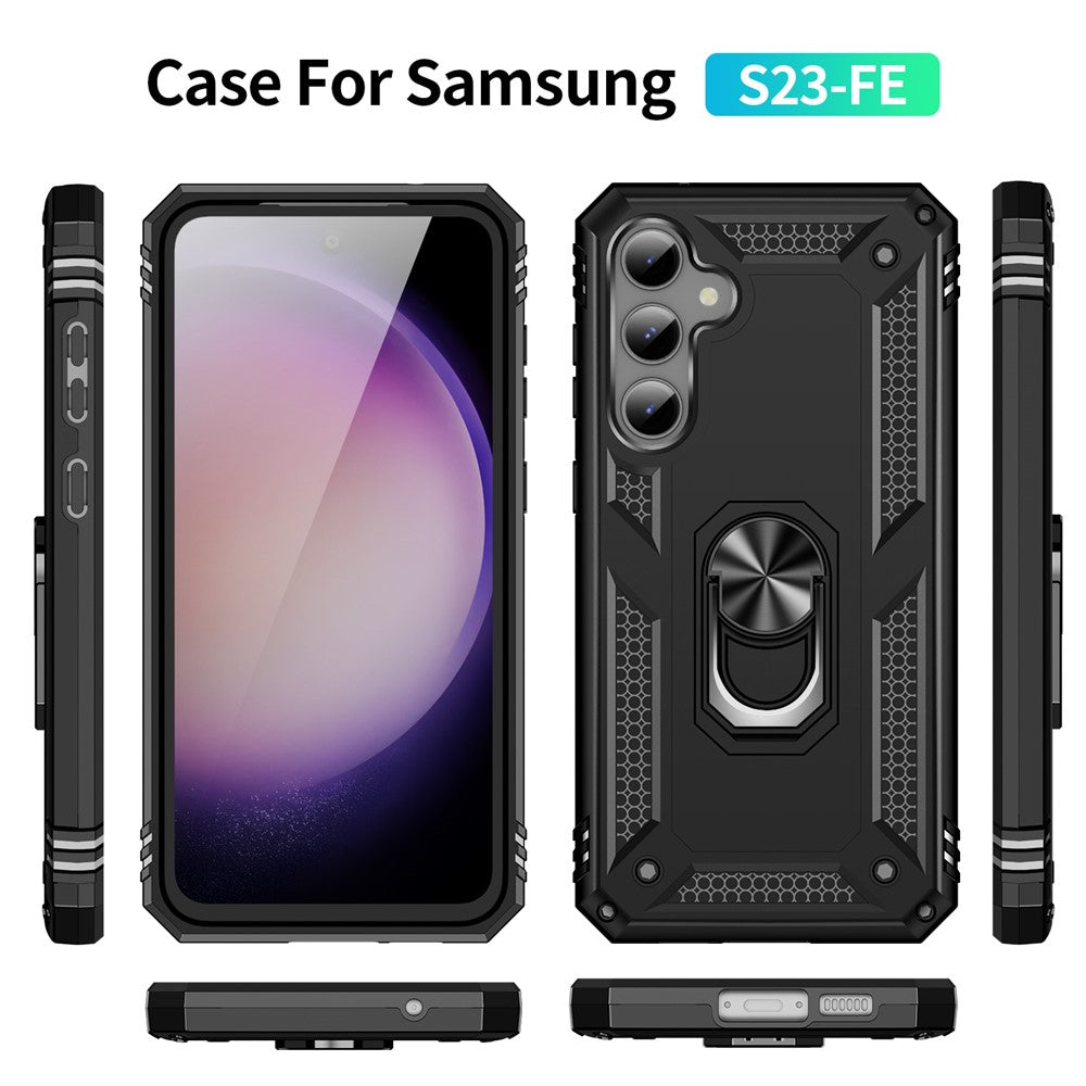 Phone Case for Samsung Galaxy S23 FE Ring Kickstand Anti-fall TPU+PC Cover with Car Mount Metal Sheet