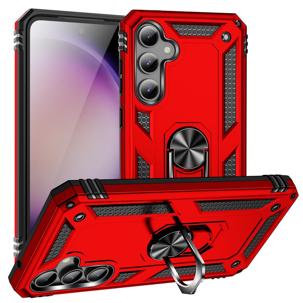 Phone Case for Samsung Galaxy S23 FE Ring Kickstand Anti-fall TPU+PC Cover with Car Mount Metal Sheet