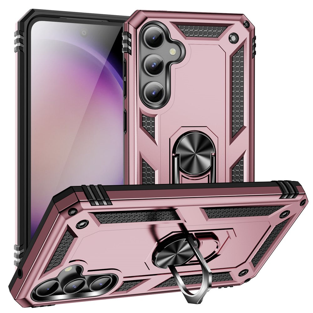 Phone Case for Samsung Galaxy S23 FE Ring Kickstand Anti-fall TPU+PC Cover with Car Mount Metal Sheet