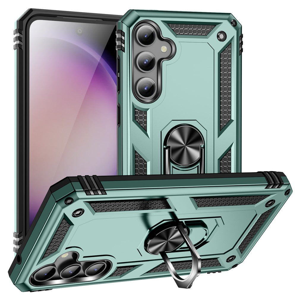 Phone Case for Samsung Galaxy S23 FE Ring Kickstand Anti-fall TPU+PC Cover with Car Mount Metal Sheet